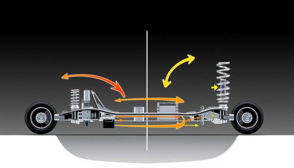 Diagrama mostrando el funcionamiento del sistema de suspensión del automóvil al pasar por un bache