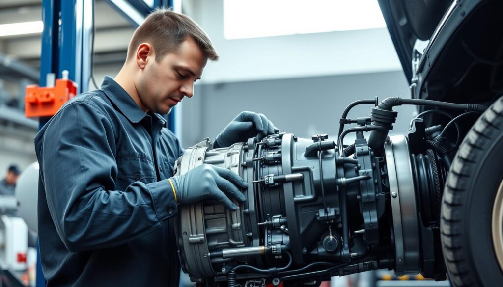 Mecánico realizando mantenimiento al sistema de transmisión de un automóvil