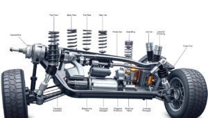 Sistema de suspensión del automóvil completo mostrando amortiguadores, muelles y componentes conectados al chasis