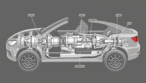 Sistema de transmisión de un automóvil con sus componentes principales etiquetados