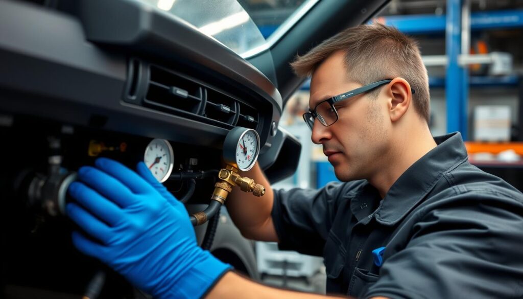 Técnico realizando mantenimiento al sistema de climatización del automóvil